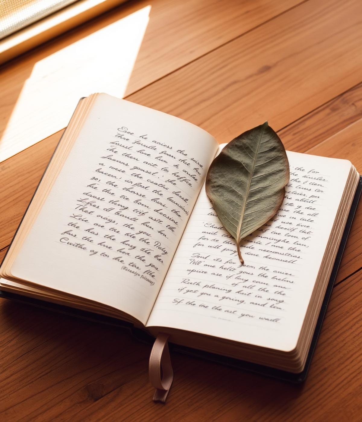 An open handwritten journal with a pressed leaf, on a wooden desk in golden window light